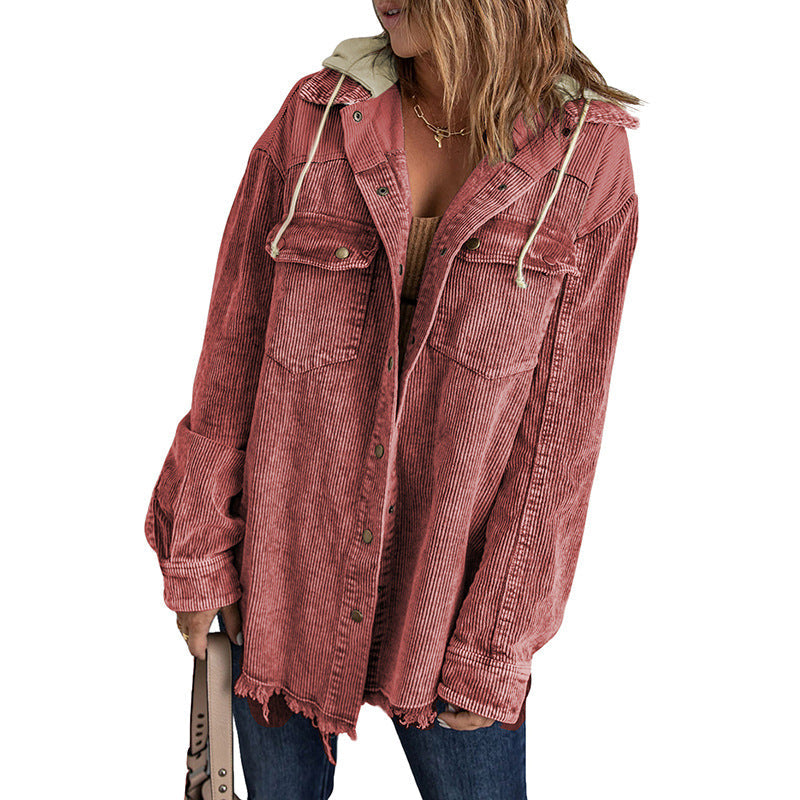 R&B | Jacke mit Kapuze Oversized Fit Cord-Textur Knopfverschluss Fransenrand