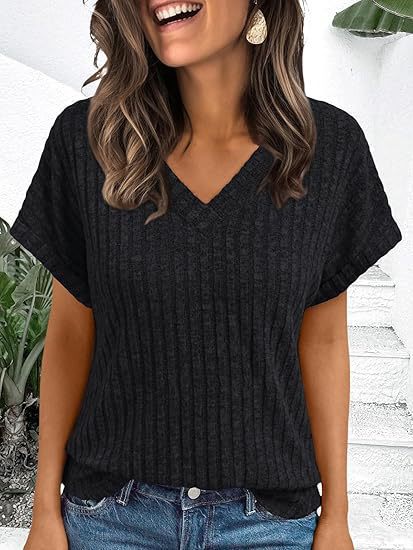 Damen lässiges V-Ausschnitt T-Shirt mit Streifenstruktur R&B