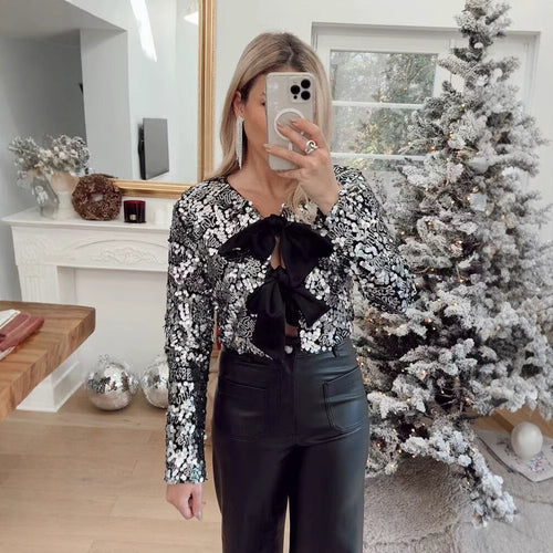Damen elegante Lurex-Partyjacke mit Rüschen und schönen Schleifen R&B