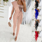 Damen One-Shoulder Jumpsuit mit glitzerndem Oberteil und Taillengürtel R&B