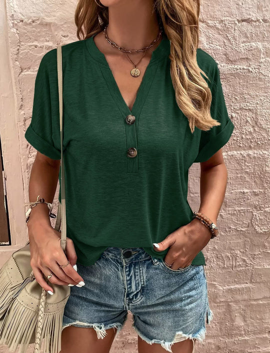 Damen legeres V-Ausschnitt T-Shirt mit Knopfleiste R&B