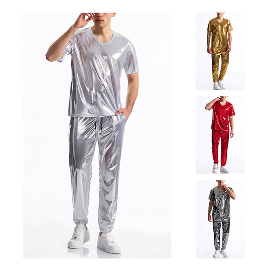 Herren glänzendes Sport-Outfit mit modernem V-Ausschnitt und elastischem Bund R&B