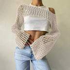Damen gehäkeltes Langarm-Top mit Off-Shoulder-Design