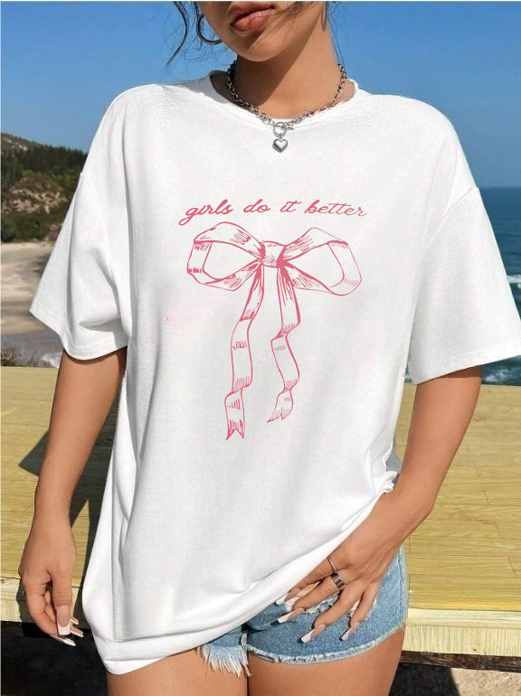 Damen T-Shirt mit kreativem Katzenmotiv und verspielter Schleife R&B