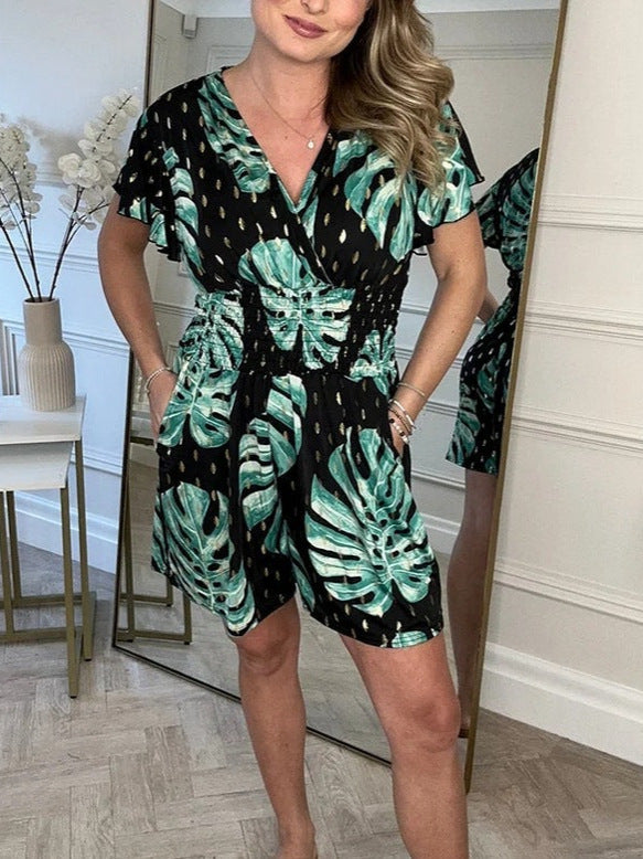 Damen Wickel-Jumpsuit mit floralem Muster und elastischem Bund R&B