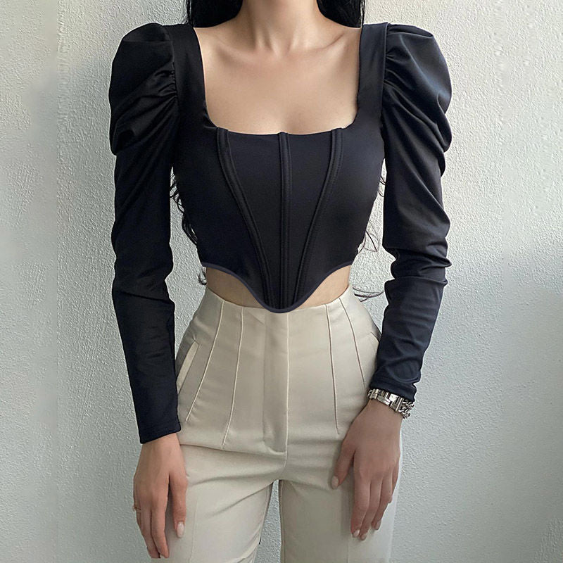 Damen Elegantes Oberteil mit Puffärmeln und tiefem Ausschnitt R&B