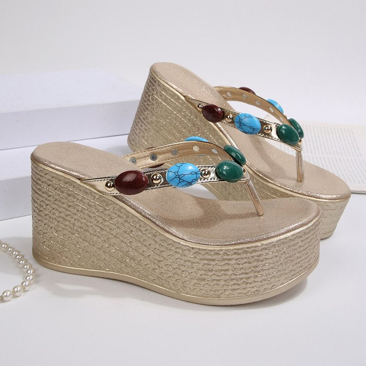 Damen Plateau-Sandalen mit kunstvollen Perlenakzenten und ergonomischer Sohle R&B
