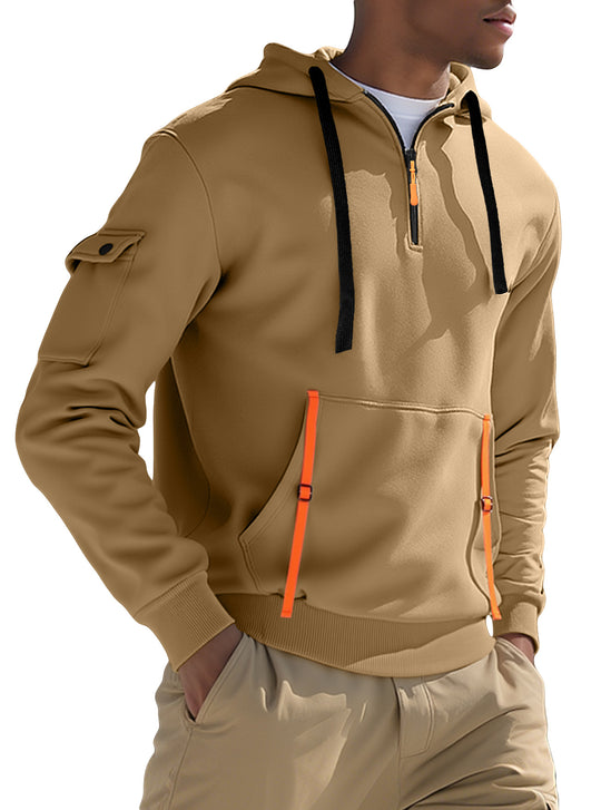 Herren nan urbaner Tech-Kapuzen-Halbzippullover mit Utility-Ärmeltasche, Kängurutasche und verstellbaren Zipper-Bändern R&B