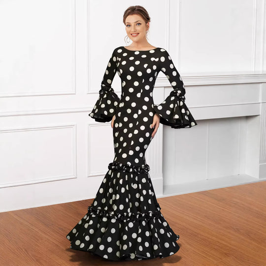 Damen Elegantes Maxikleid mit auffälligem Volant und Polka-Dots R&B