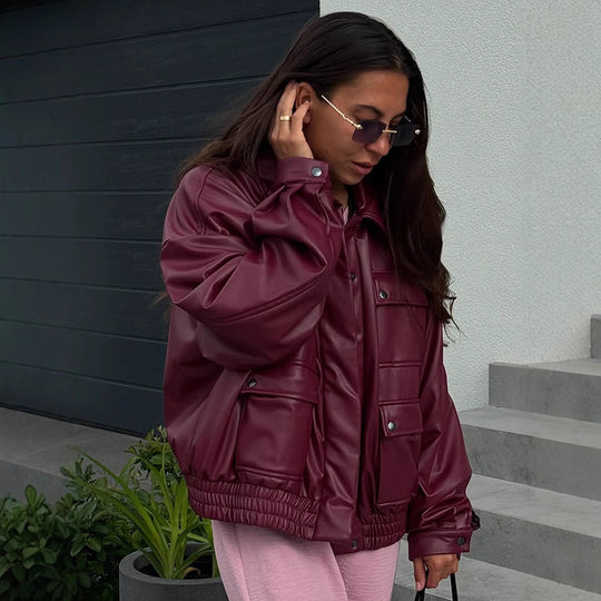 Damen oversized Kunstlederjacke mit funktionalen Taschen und elastischem Bund R&B