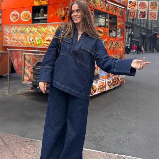 Damen Weite Denim-Hose mit hohem Bund und strukturiertem Schnitt R&B
