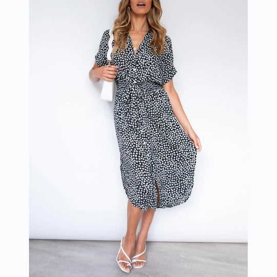Damen Midikleid mit knotenfreiem Gürtel und verspieltem Punkte-Design R&B