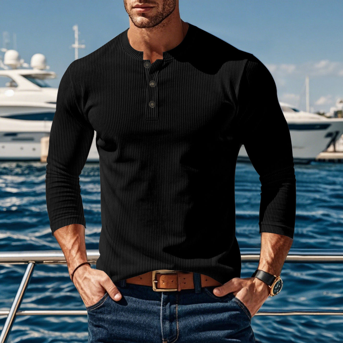 Herren Langarmshirt mit modischer Stehkragen und Knopfleiste R&B