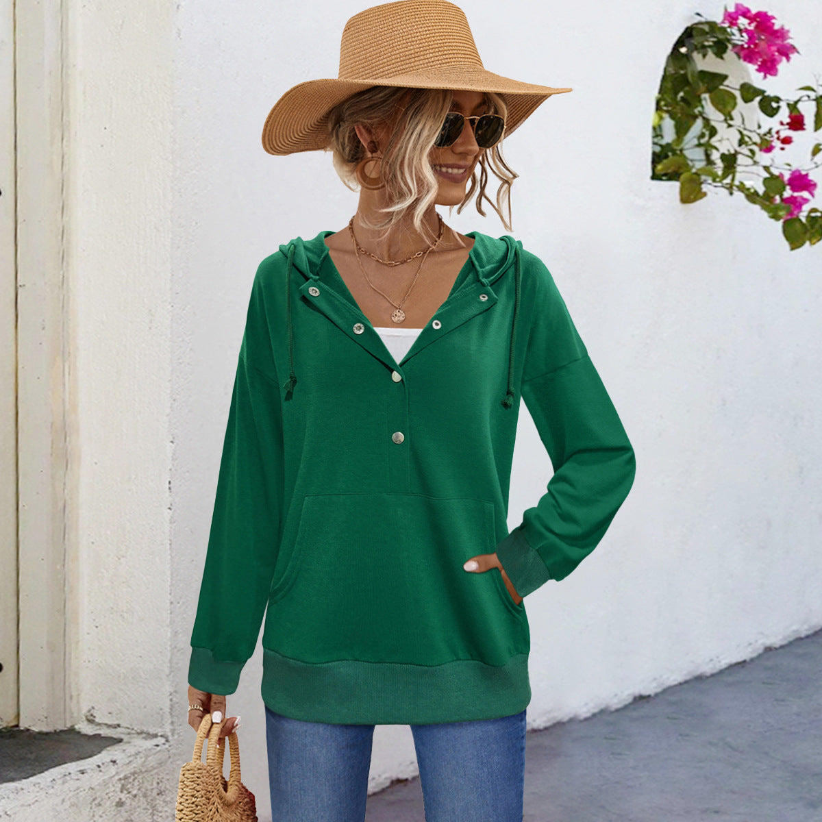 Damen Kapuzensweater mit Knopfleiste und tiefem Ausschnitt R&B
