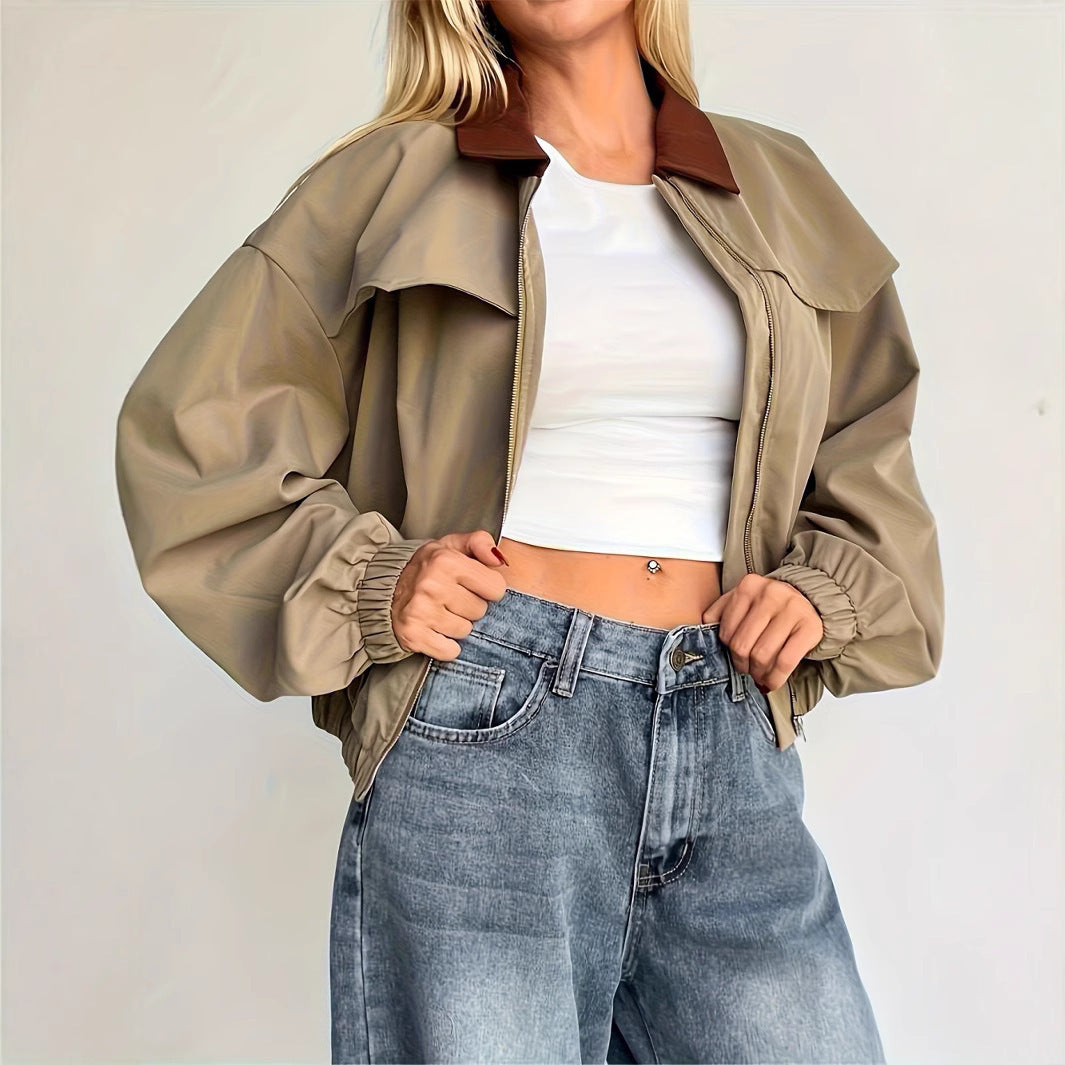 Damen Lässige Cropjacke mit weit geschnittenen Ärmeln und kontrastierendem Kragen R&B
