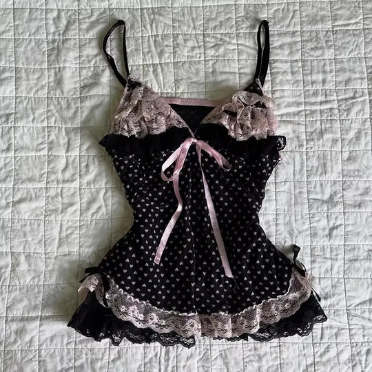 Damen verführerisches Schlafkleid mit Spitzenbesatz und Rüschendetails R&B