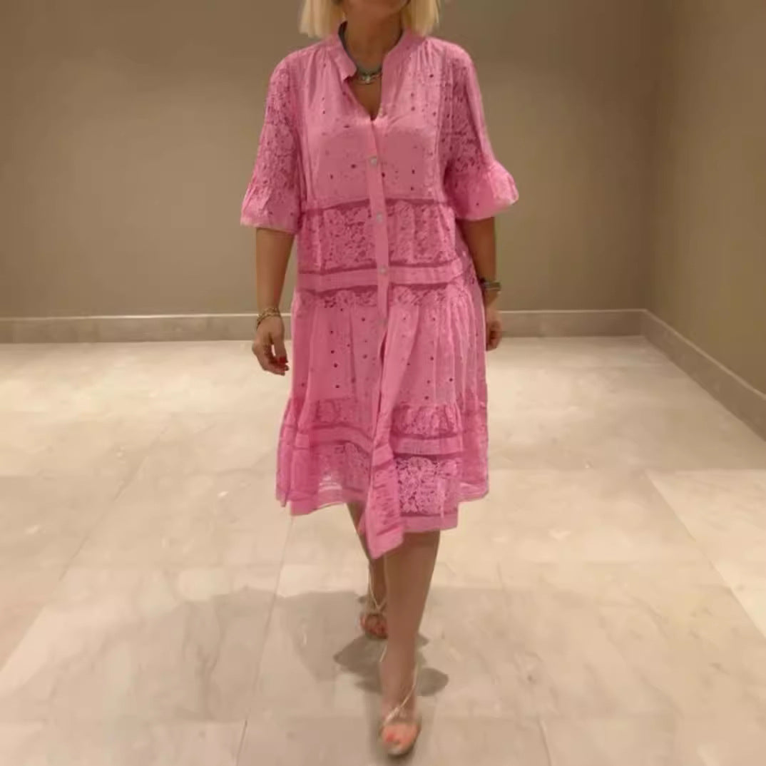 Damen nan Hemdblusen-Midikleid mit Spitzen-Einsätzen, Stufenrock und durchgehender Knopfleiste R&B