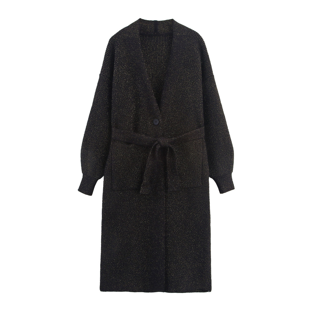 Damen Lange Strickjacke mit Gürtel und Taschen R&B