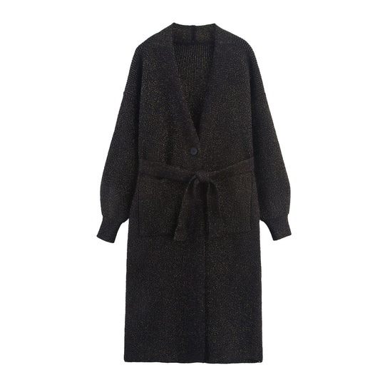 Damen Lange Strickjacke mit Gürtel und Taschen R&B