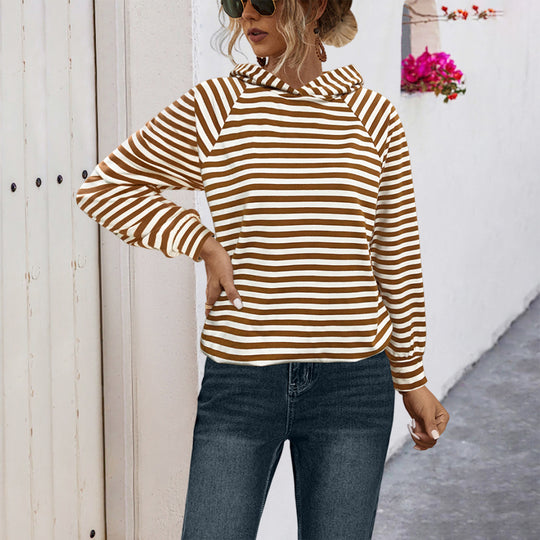 Damen gestreifter Kapuzensweater mit lässigem Schnitt und Raglanärmeln R&B