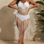 Damen gehäkeltes Bikini-Set mit fransiger Überwurf R&B