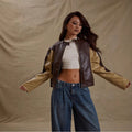 Damen modische Kunstlederjacke mit kontrastierenden Ärmeln R&B