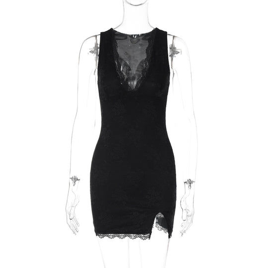 Damen Spitzenkleid mit tiefem V-Ausschnitt und seitlichem Schlitz R&B