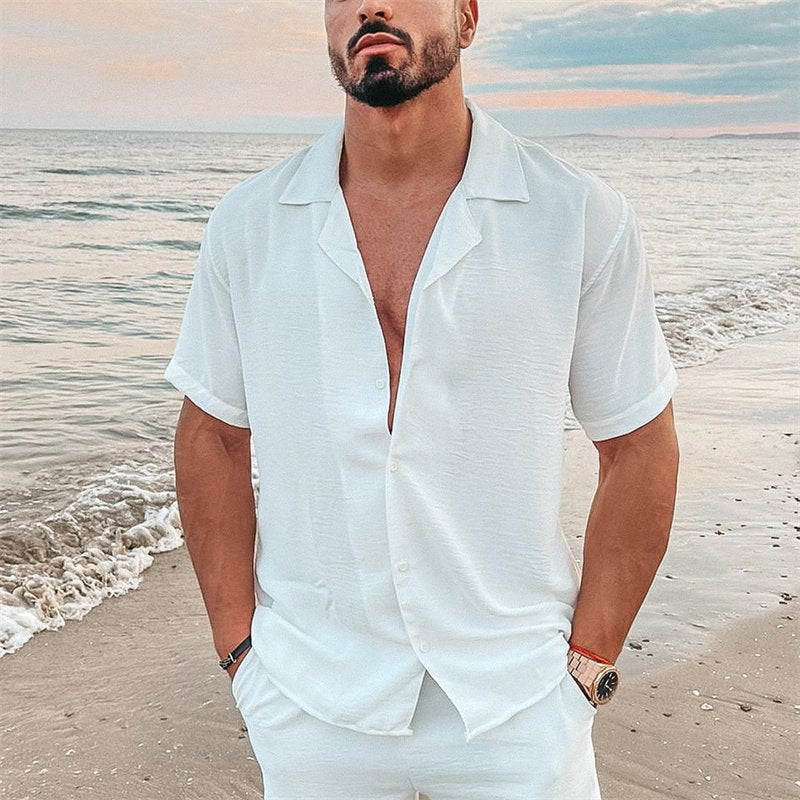 Herren nan luftiges Strandhemd aus Leinenmix mit Reverskragen und offener Knopfleiste R&B