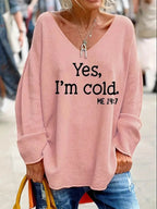 Damen Oversized Pullover mit modernem V-Ausschnitt und aufgedrucktem Statement R&B