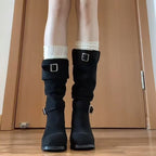 Damen Elegante Stiefel mit modischem Schnallenverschluss und blockigem Absatz R&B