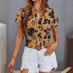 Damen lässige Bluse mit floralem Muster und kurzer Knopfleiste R&B