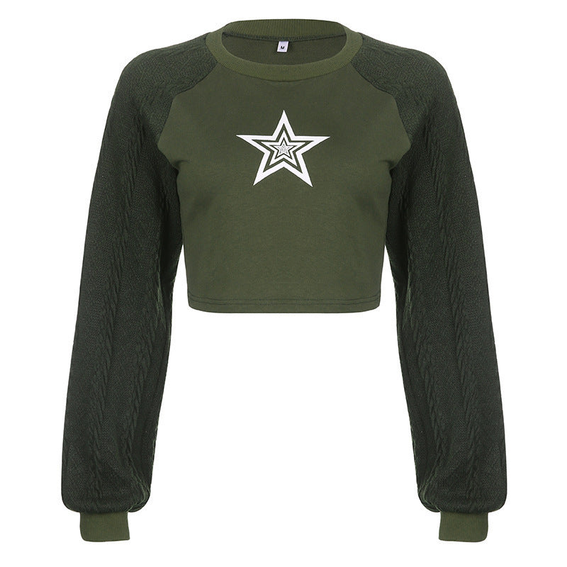 Damen Cropped Pullover mit grafischem Sternenmotiv und strukturiertem Armdesign R&B
