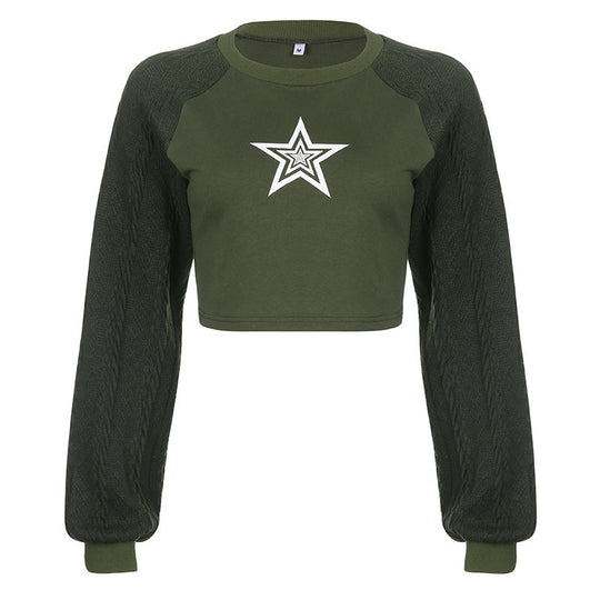 Damen Cropped Pullover mit grafischem Sternenmotiv und strukturiertem Armdesign R&B