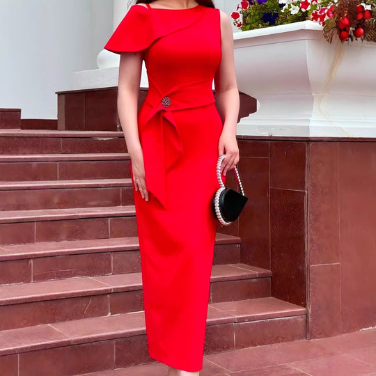 Damen Elegantes Abendkleid mit asymmetrischem Schulterdesign und Taillenknotendetail R&B