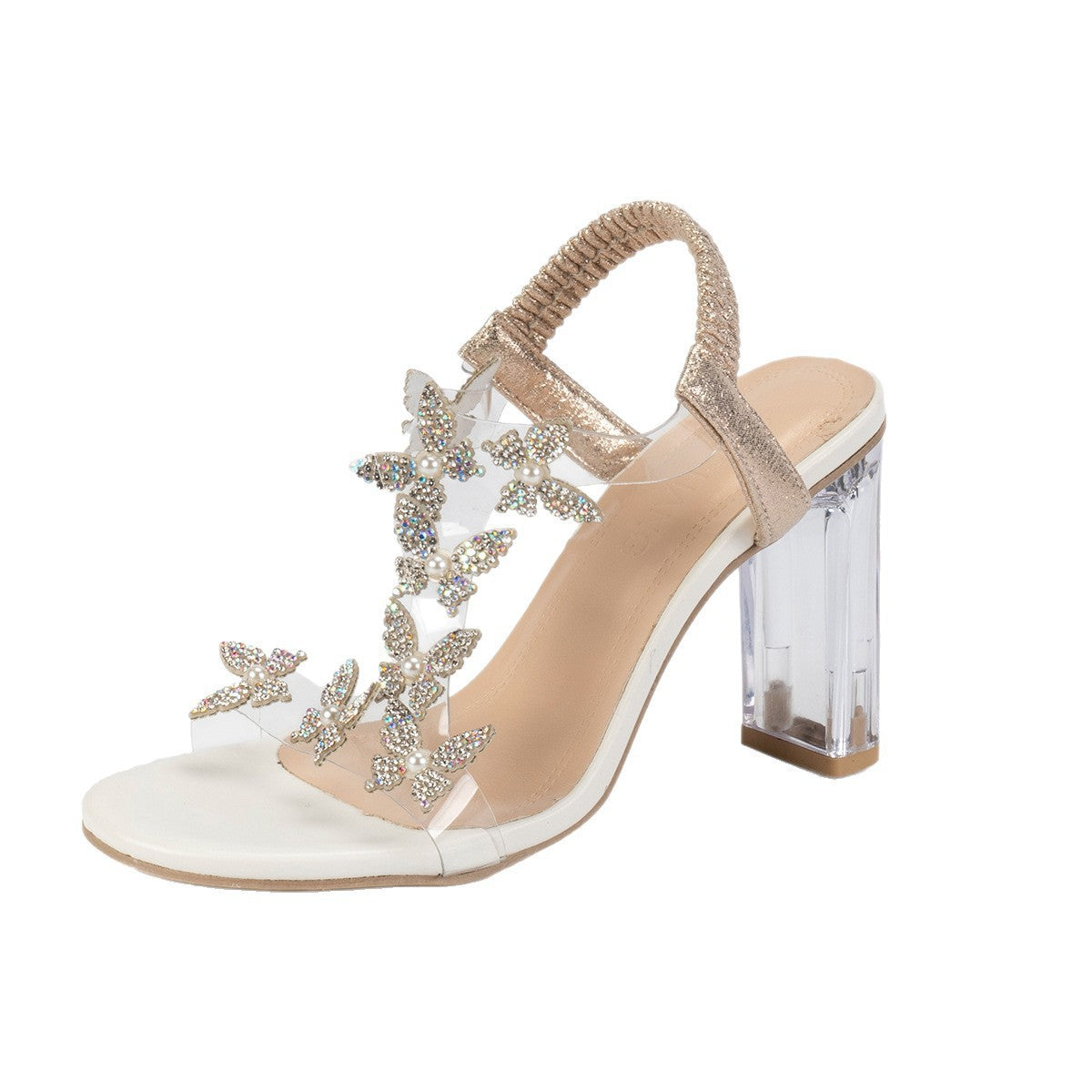 Damen Sandalen mit funkelnden Schmetterlingsapplikationen und transparentem Absatz R&B