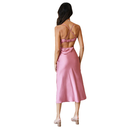 Damen Midi-Kleid mit aufregendem Schlüssellochausschnitt und fließendem Satin-Material R&B