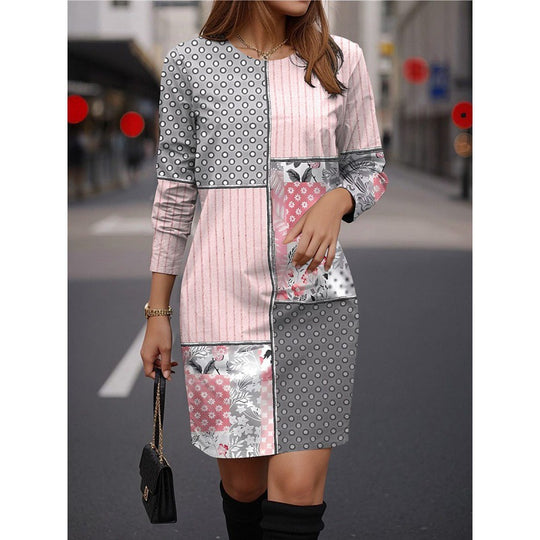 Damen Modisches Kleid mit geometrischem Muster und langen Ärmeln R&B
