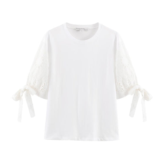 Damen T-Shirt mit elegantem Spitzenschnitt und zeitloser Schleifen-Applikation R&B