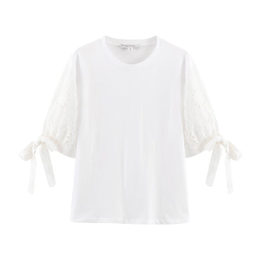 Damen T-Shirt mit elegantem Spitzenschnitt und zeitloser Schleifen-Applikation R&B