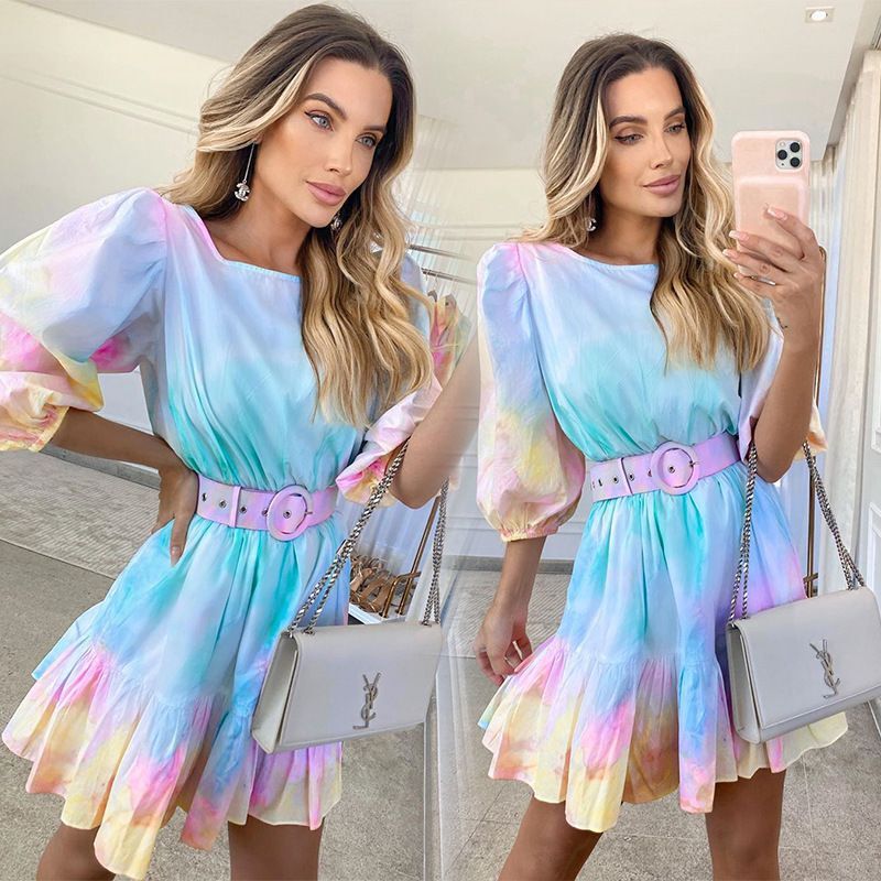 Damen modernes Boho-Kleid mit strukturiertem Volant und Taillengürtel R&B