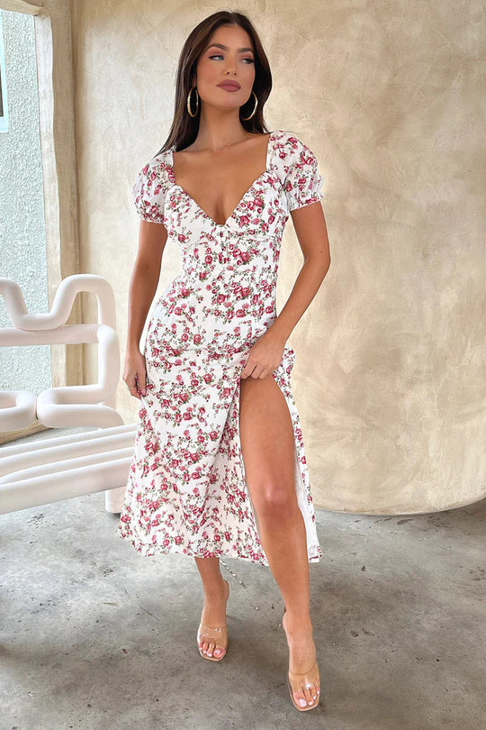 Damen Sommerliches Maxi-Kleid mit floralem Muster und elegantem Schlitz R&B