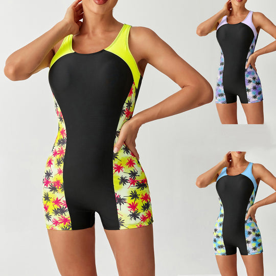 Damen Sportlicher Schwimmanzug mit hohem Kragen und buntem Palmendruck R&B