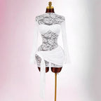 Damen nan transparentes Spitzen-Minikleid mit Bandeau-Einsatz, gerafftem Wickelrock und langen Ärmeln R&B