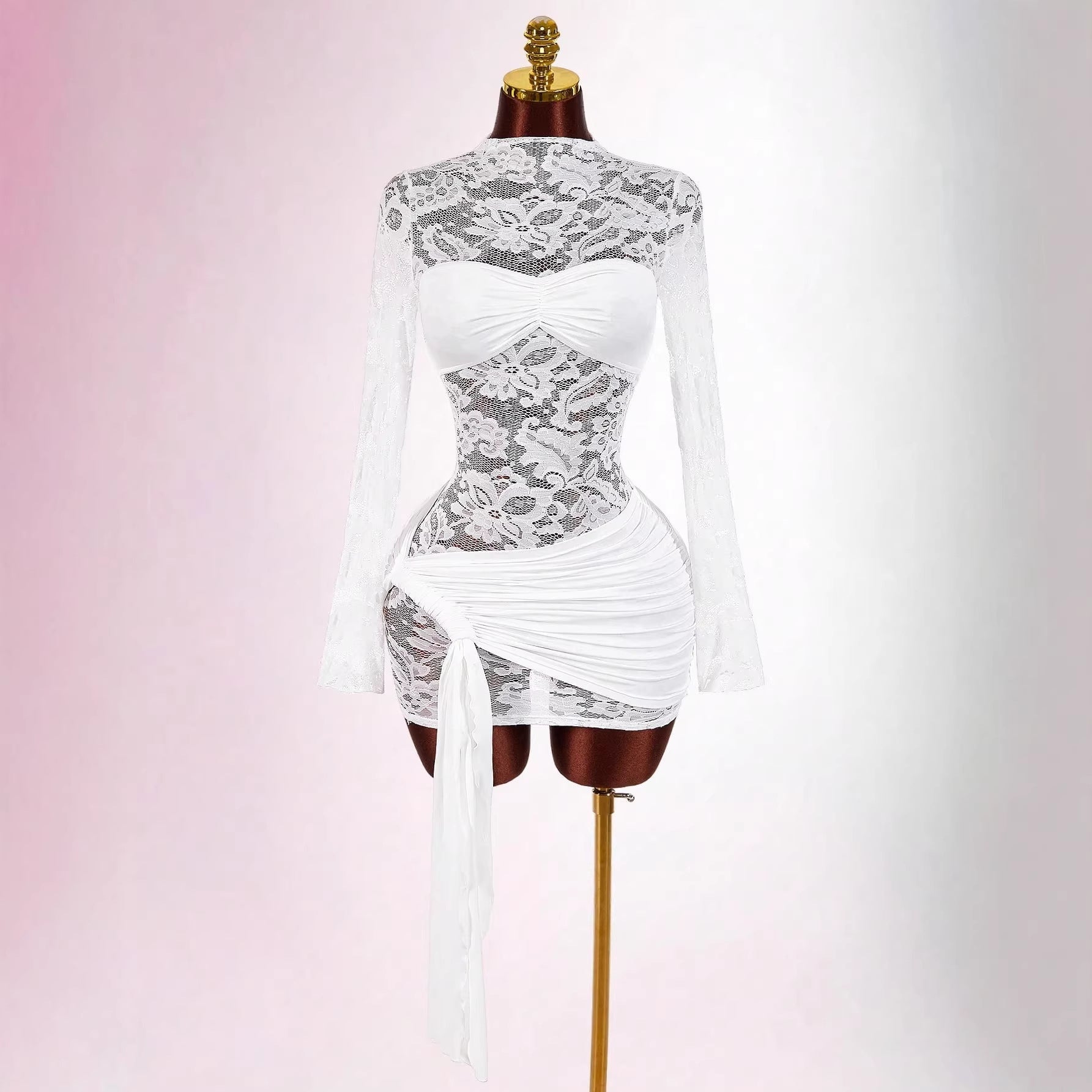 Damen nan transparentes Spitzen-Minikleid mit Bandeau-Einsatz, gerafftem Wickelrock und langen Ärmeln R&B