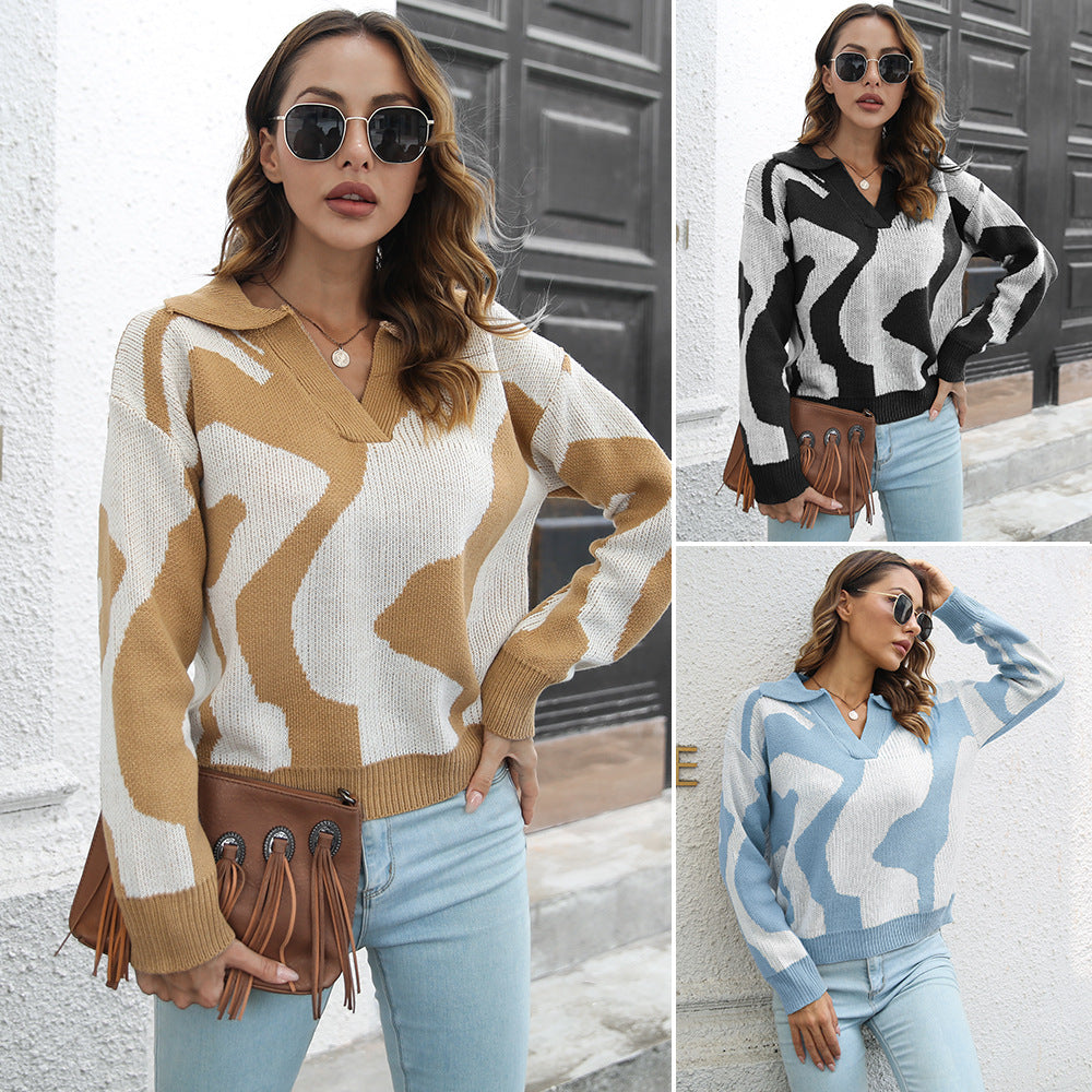 Damen lässiger Strickpullover mit modernem Muster R&B