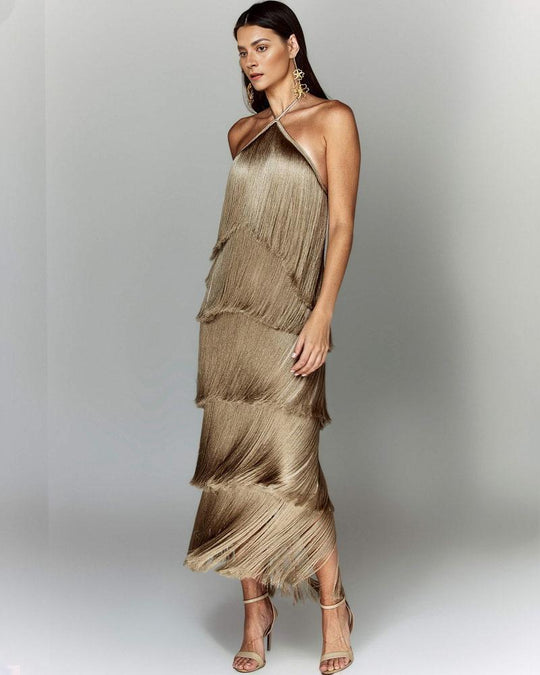 Damen Glamouröses Maxikleid mit Fransen und schulterfreiem Design R&B