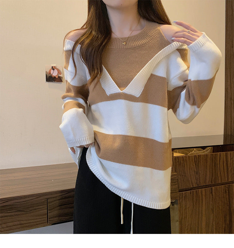 Damen V-Ausschnitt Oversized-Pullover mit modischem Streifenmuster und offenem Schulterdesign R&B