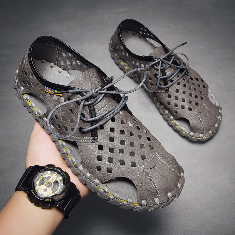 Herren Atmungsaktive Leder-Sandalen mit perforiertem Design und rutschfester Sohle R&B