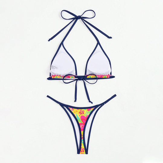 Damen Triangel-Bikini mit buntem floralem Design und verstellbaren Bindebändern R&B