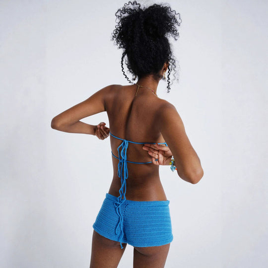 Damen gehäkeltes Bandeau-Oberteil und Shorts-Set mit floralem Design R&B